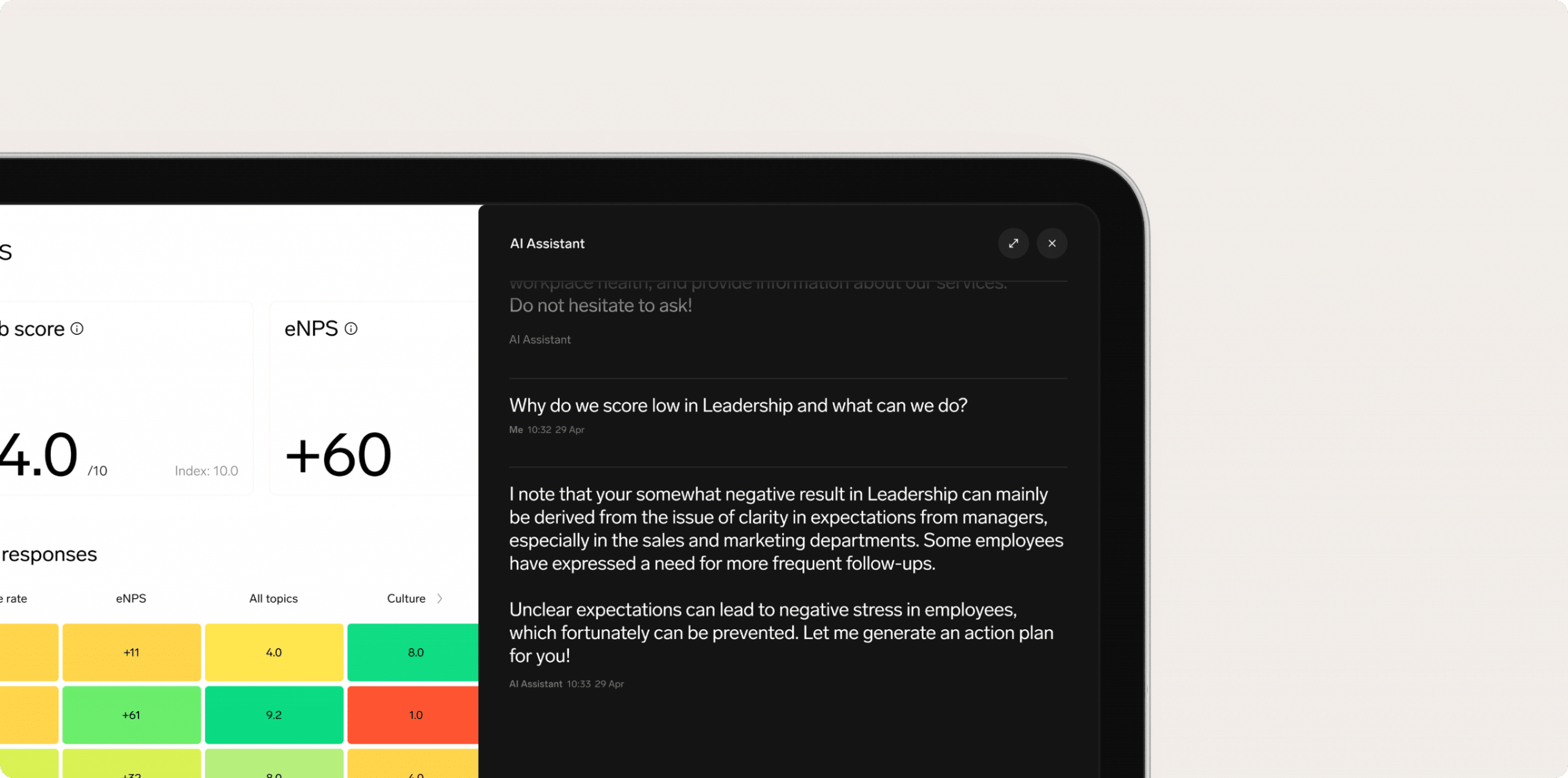 AI assistant analysing employee survey results with eNPS score, heatmaps and an action plan recommendation