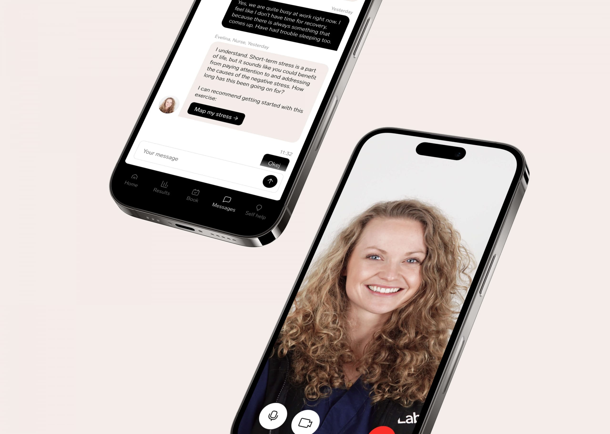 OneLab app showing nurse chat and video call for ongoing health program follow-ups