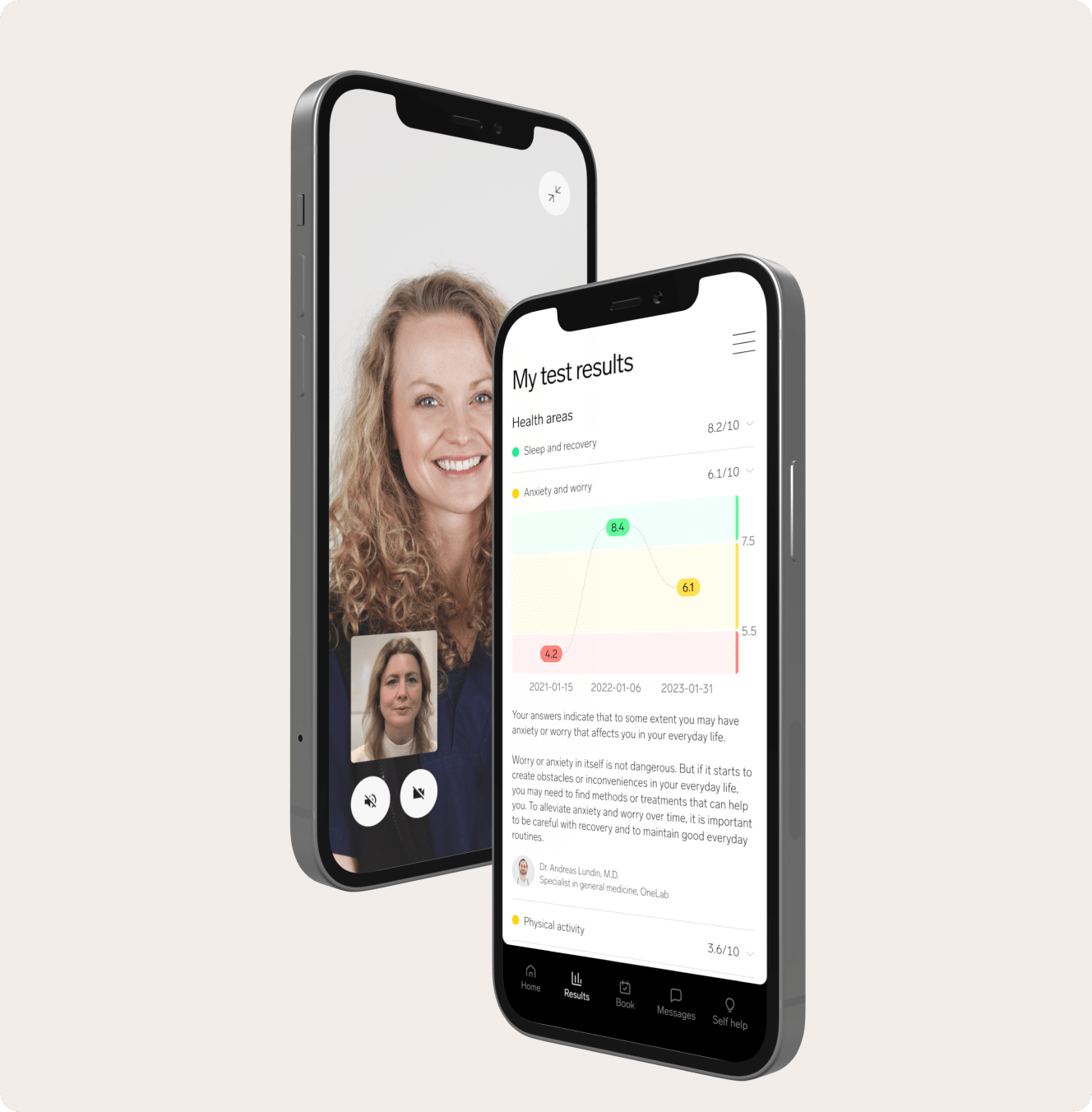 Personal health platform app showing Homekit test results and a health consultation