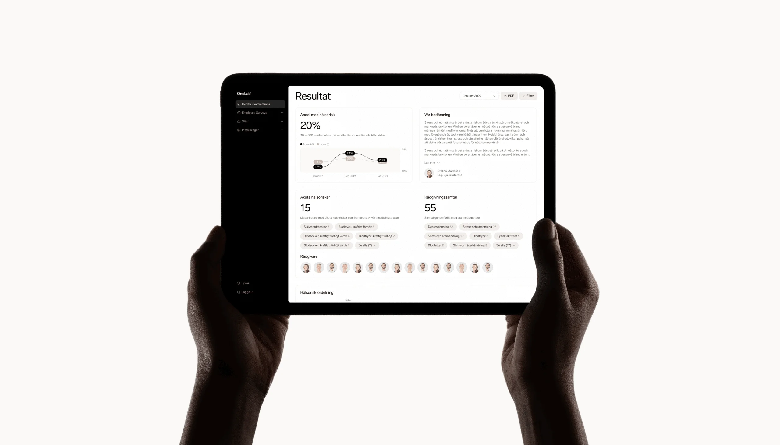 Digital hälsoplattform för företag på en surfplatta med resultat för systematiskt arbetsmiljöarbete