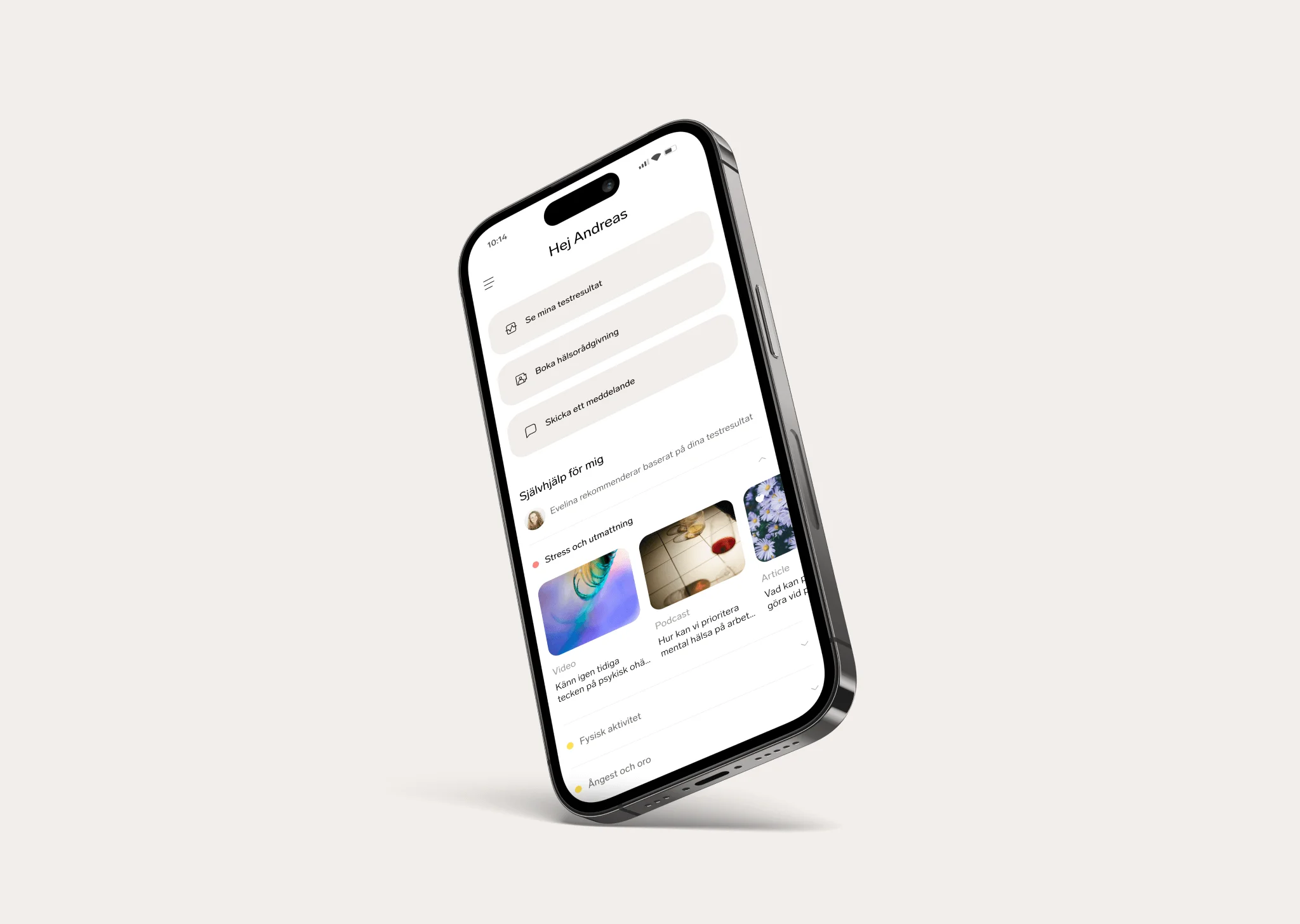 Mobil som visar OneLab-appen med personlig startsida för att följa hälsan och boka rådgivning
