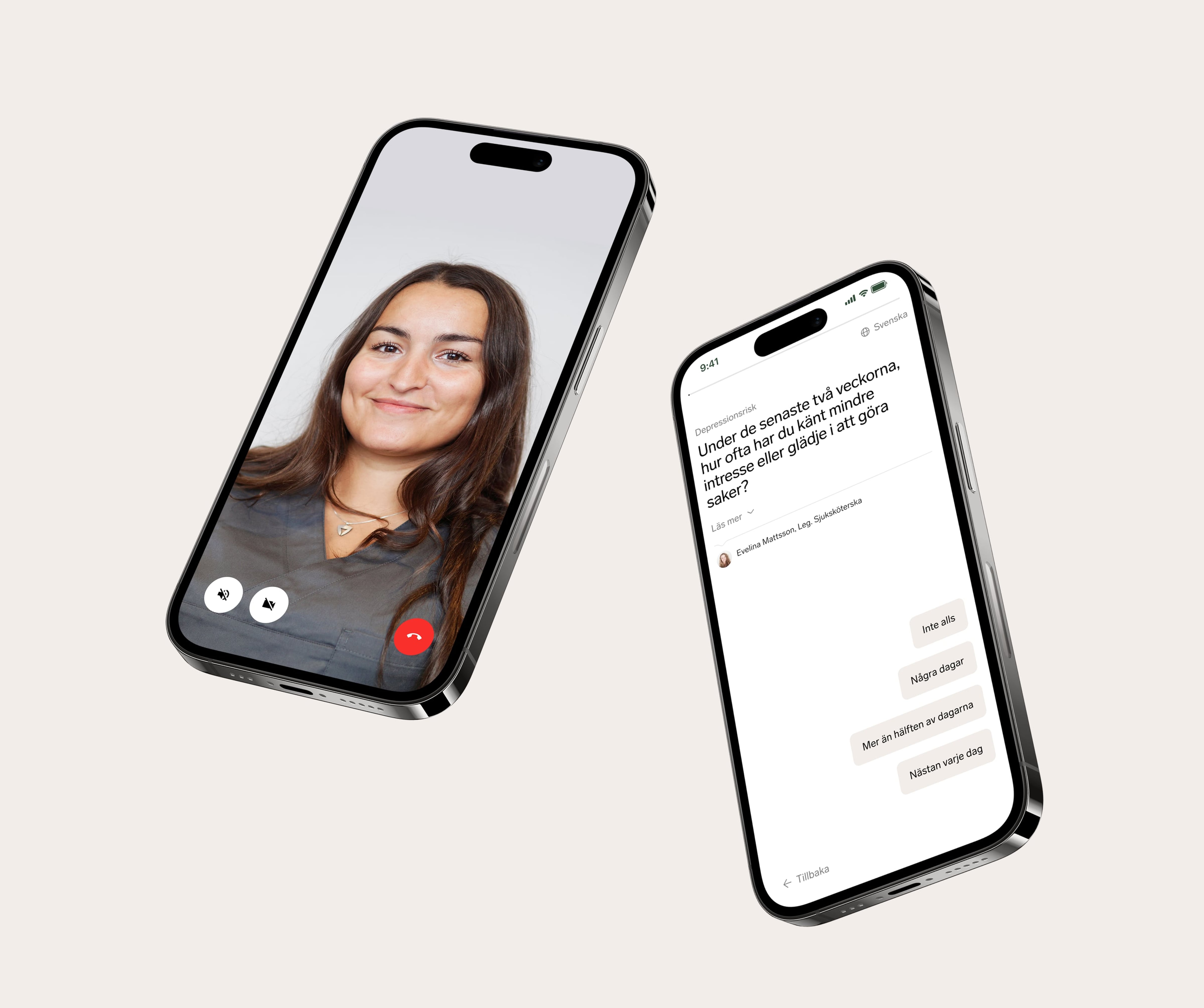 Två mobiltelefoner som visar digital hälsoundersökning med videomöte och depressionsfrågor