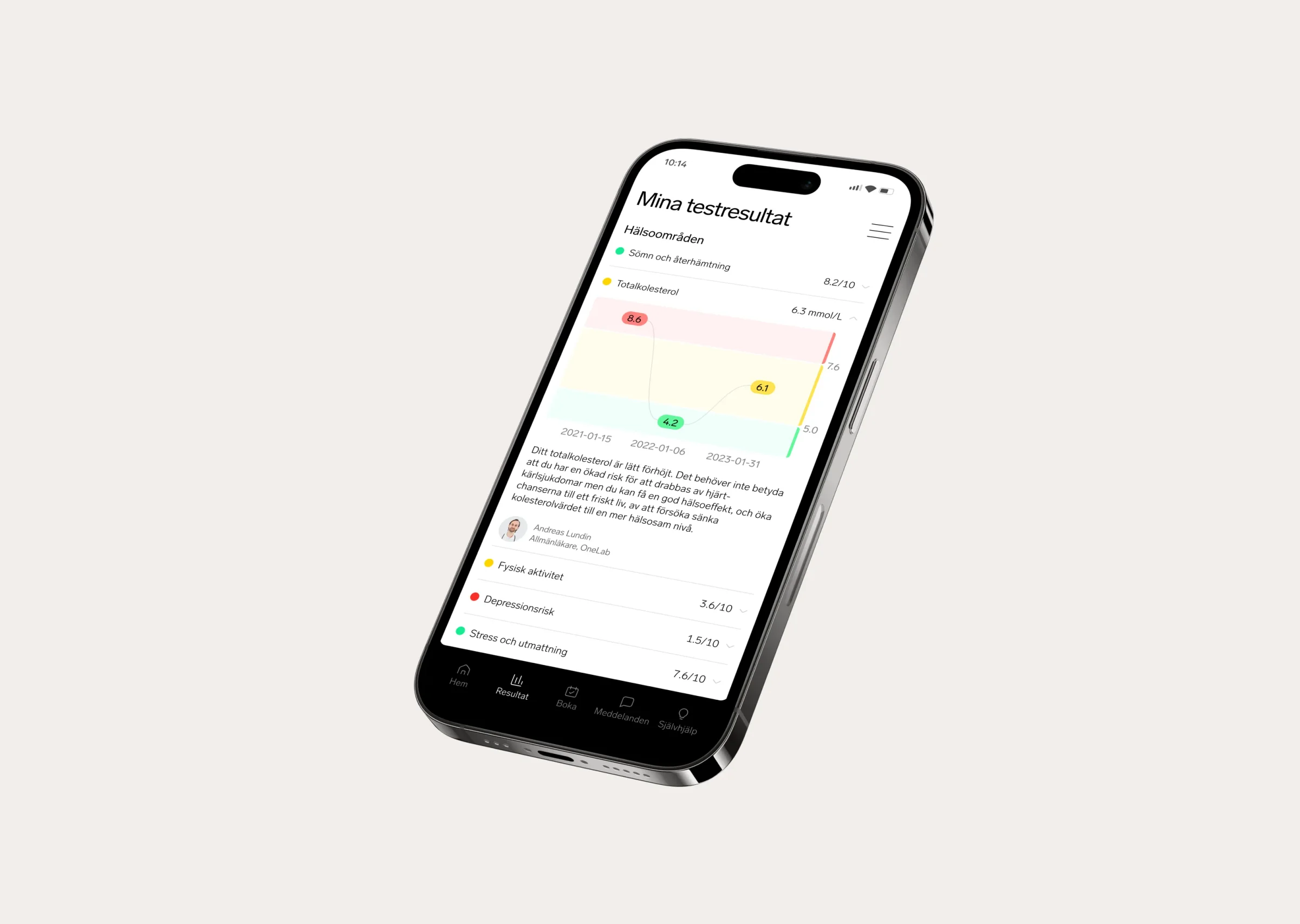 Mobilapp med personliga testresultat från en hälsoundersökning för företag, med hälsoområden och kolesterolvärden