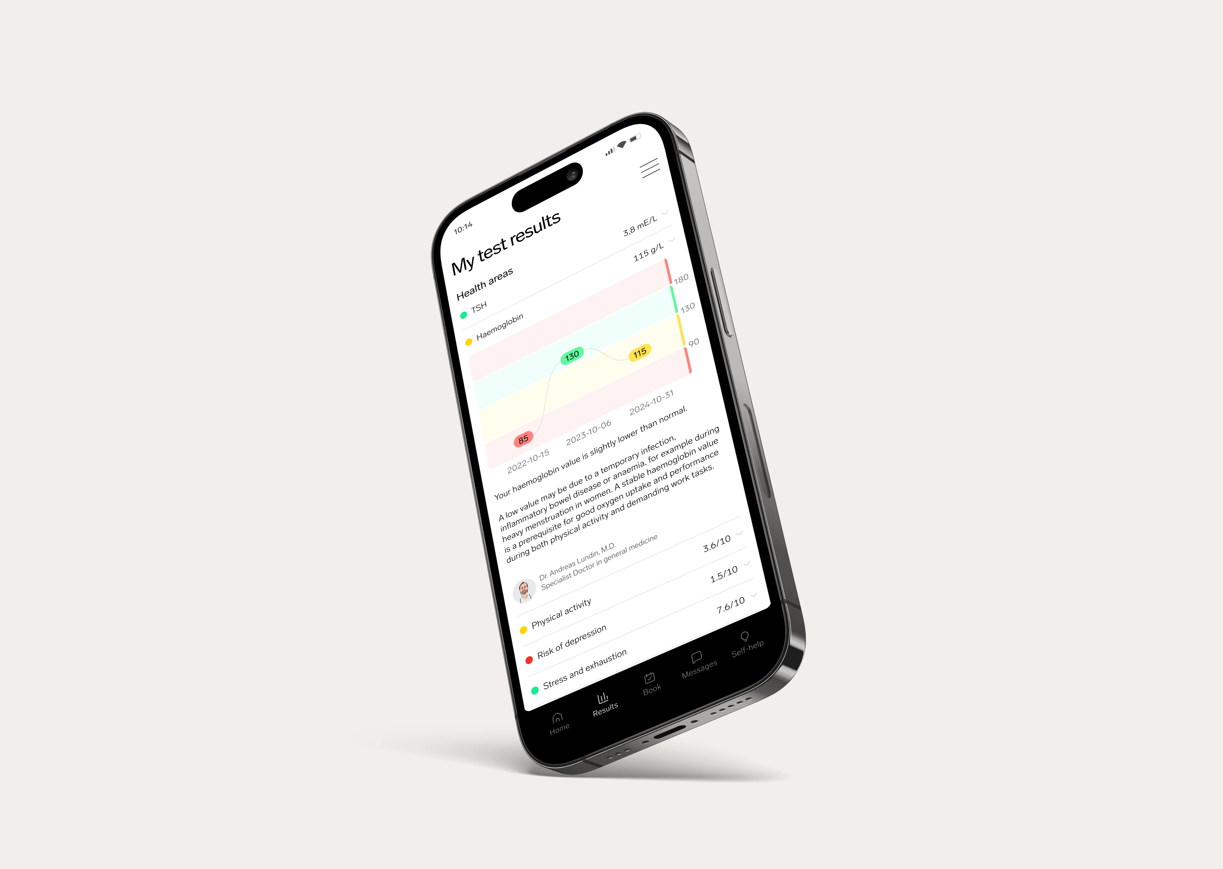 Smartphone showing personal health examination test results with blood markers and health area trends